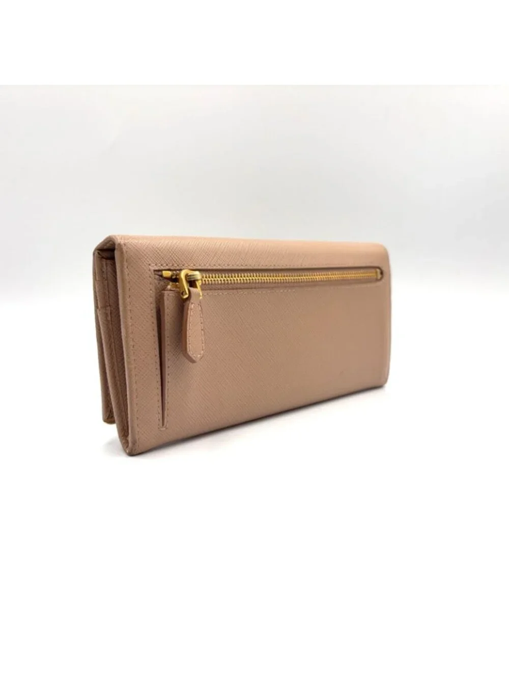 Prada Saffiano Metal Bifold Leather Pink Beige Wallet Gold